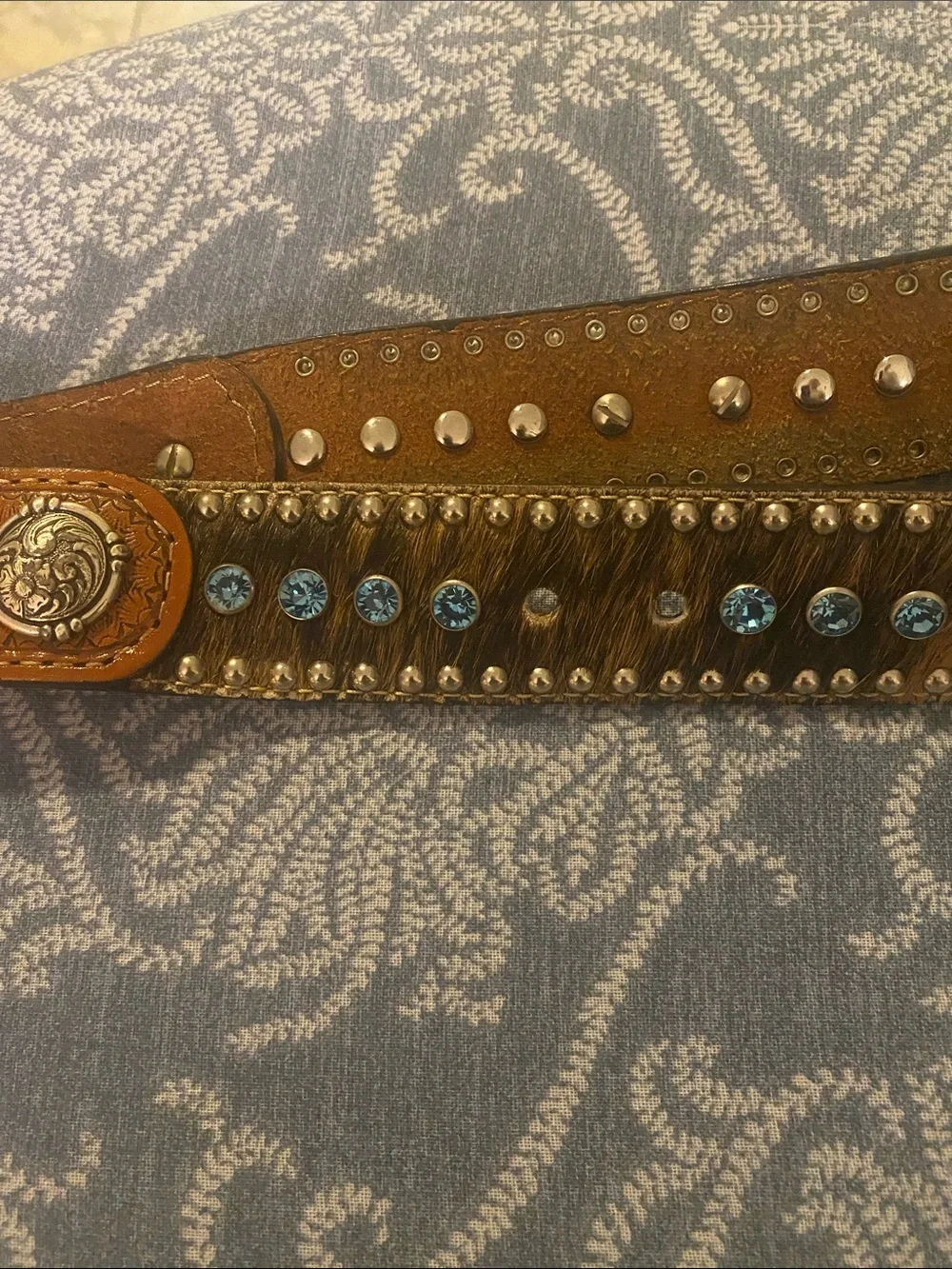 Nocona Hair On Hide Tooled Leather Belt Blue Rhinestone Boho Cowgirl Buckle Sz36
